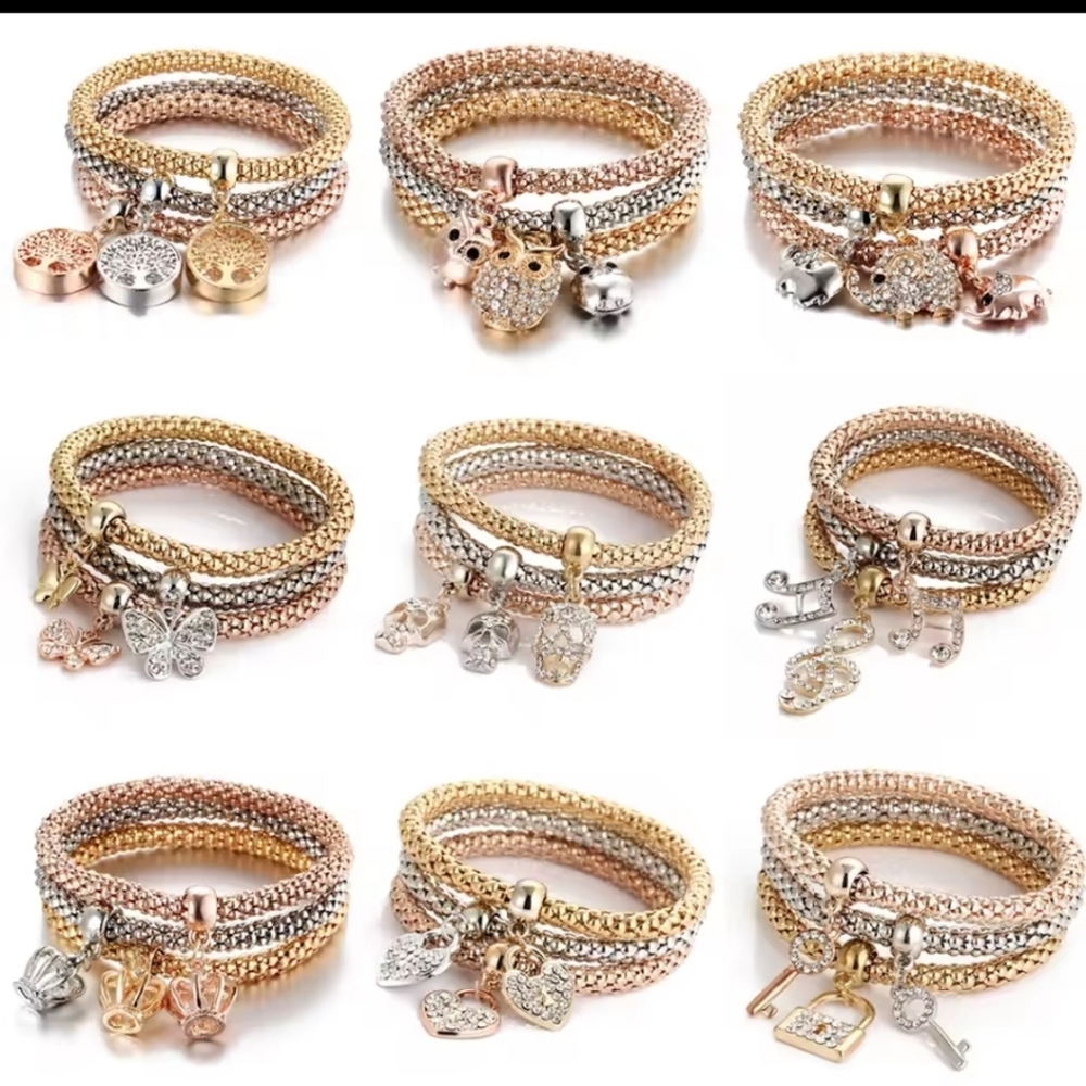 Tri-Tone Charm Stretch Bracelet Set - Rose Gold, Gold & Silver